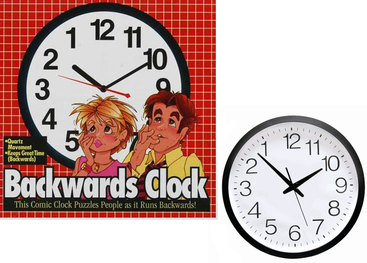 1 BACKWARDS CLOCK novelty gag joke wall clocks weird gifts back ward time piece 
